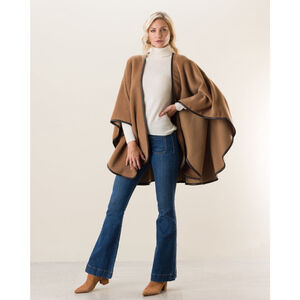 Sofia Cashmere Arequipa Cape OS Camel Baby Alpaca Leather Trim Quiet Luxury